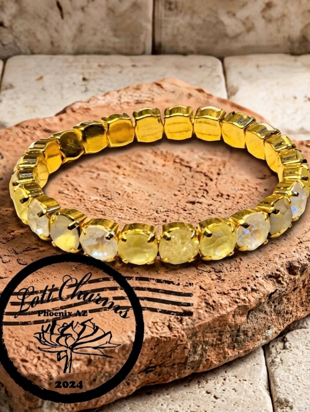 Sweet Yellow Meringue Pie  In Premium Crystals On Stretchy Bracelet Gold Plated